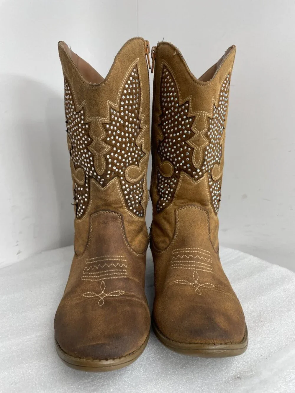 Justice Rhinestone Glitter Brown Faux Leather Cowgirl Western Boots Girls 7